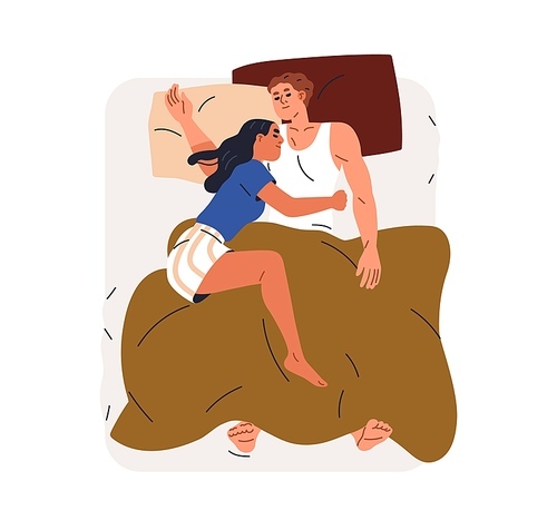 Asleep love couple in bed, top view. Woman sleeping, cuddling dreaming man with leg. Family, husband and wife, reposing at night, hugging. Flat vector illustration isolated on white background.