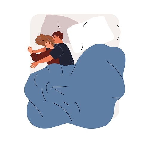 Love couple sleeping, embracing, hugging at night. Family asleep, lying in bed, top view. Happy man and woman cuddling, dreaming together. Flat graphic vector illustration isolated on white background.