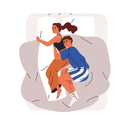 Love couple sleeping together, embracing, lying in bed, top view. Cute man and woman dreaming. Asleep wife and husband in funny pose, hugging. Flat vector illustration isolated on white background.