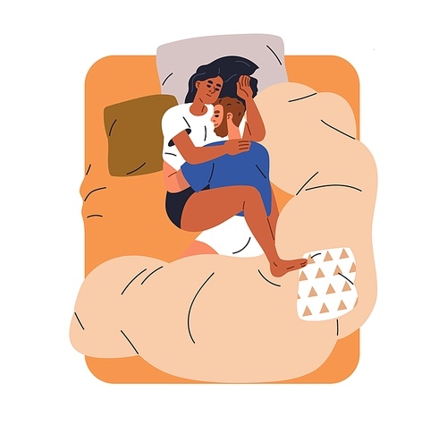 Love couple sleeping in bed, top view. Woman cuddling man, dreaming together. Asleep girl, guy valentines hugging. Sweet sleepy lovers embracing. Flat vector illustration isolated on white background.