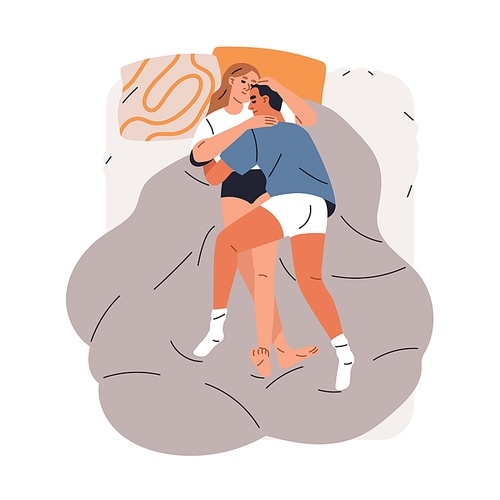 Man and woman couple sleeping together, cuddling. Loving tender girl and guy hugging, dreaming in bed. Young wife and husband asleep, embracing. Flat vector illustration isolated on white background.