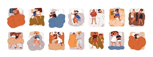 Couples sleep in beds set. Men and women asleep, lying in different positions, poses. People, wives and husbands dreaming under blanket. Flat graphic vector illustrations isolated on white background.