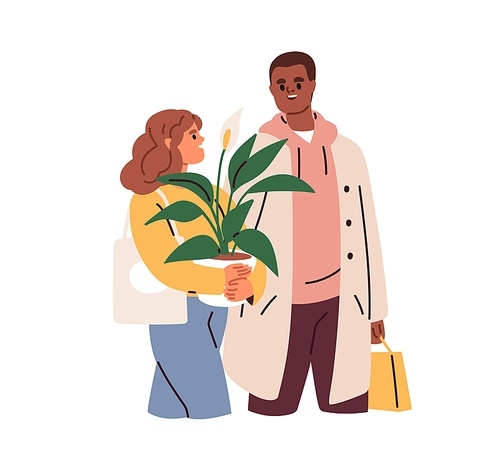 Family couple walk after shopping, carry potted plant, bags. Happy man and woman shoppers go, hold houseplant. Wife and husband with purchases. Flat vector illustration isolated on white background.