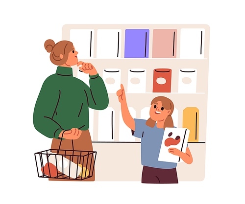 Mother and daughter buyers at grocery store, choosing food on shelves during shopping with customer basket. Happy kid asking mom to buy product. Flat vector illustration isolated on white background.