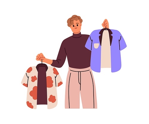 Person choosing clothes, shirt, deciding what to buy, wear. Man holding hangers with two different garments, apparel. Choice of outfit. Flat graphic vector illustration isolated on white background.