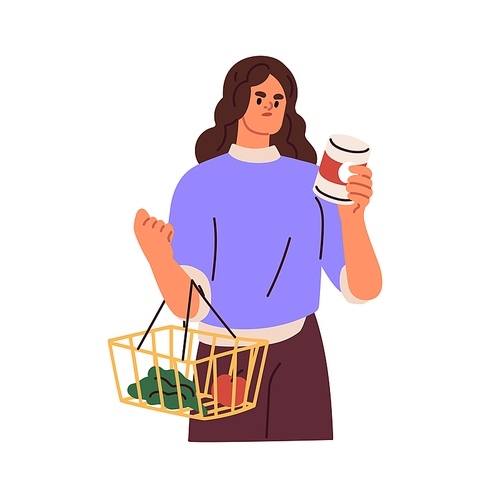 Consumer reading label of food product in grocery store. Woman customer checking contents on package before buying. Careful shopping concept. Flat vector illustration isolated on white background.