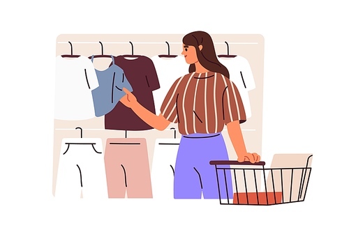 Girl shopper choosing clothes. Young woman shopping in fashion store. Female buyer customer with trolley searching garment hanging in mall. Flat vector illustration isolated on white background.