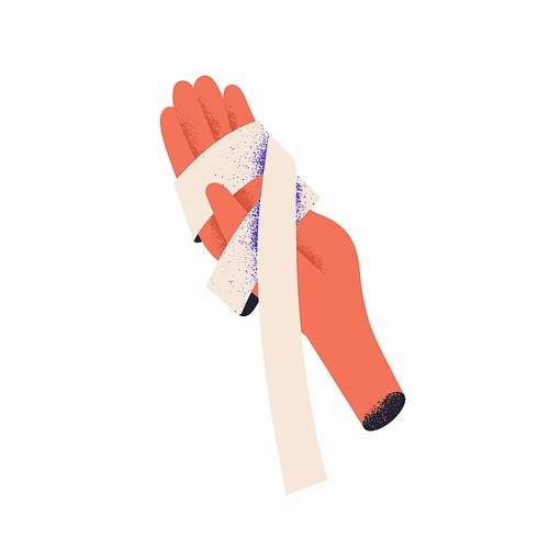 Hand with elastic bandage around. Injured broken wounded palm. Hurt, trauma, sprain, arm pain, ache after accident. Flat vector illustration isolated on white background.