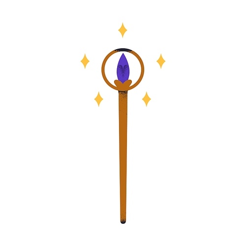Magic wand, esoteric stick and stars. Mysterious occult sacred supernatural symbol with crystal. Sorcery, mysticism, mystery, enigma concept. Flat vector illustration isolated on white background.