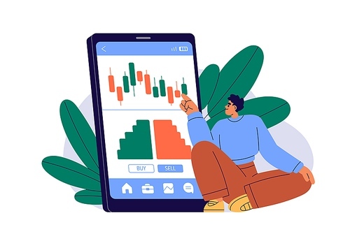 Investing in stock market, trading online with mobile phone app. Person analyzing investment candlesticks, candle bars graph, chart. Flat graphic vector illustration isolated on white background.