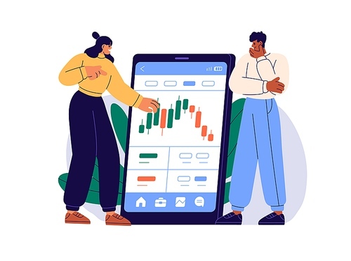 Stock market app on mobile phone. Investors, traders analyzing chart, candle bars, candlestick graph, investing money with smartphone application. Flat vector illustration isolated on white background.