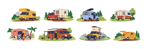 Camper cars, holiday caravans, vans, trailers, summer motorhomes, camping RV set. Mobile auto vehicles for travel, vacation in campsite, nature. Flat vector illustrations isolated on white background.