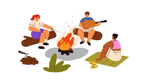 Campers sitting around fire. Friends singing songs, playing guitar at bonfire at campsite on summer holiday. Tourists hikers at campfire. Flat vector illustration isolated on white background.