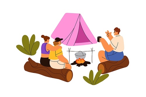 Friends relaxing, talking at bonfire, campfire at camping. Happy people campers speaking at fire, campsite, campground on summer vacation. Flat vector illustration isolated on white background.