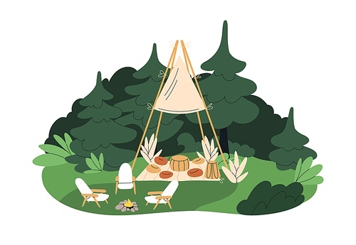 Cozy tipi in forest. Comfortable glamping, glamorous camping with teepee and armchairs, fire on summer holiday. Luxury outdoor recreation area. Flat vector illustration isolated on white background.