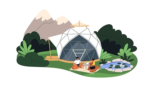 Bubble house, hotel in nature. People relaxing in comfortable luxury camping on summer vacation. Cozy premium outdoor recreation area. Flat graphic vector illustration isolated on white background.