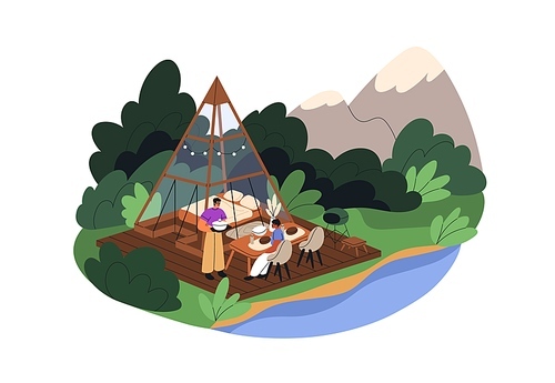 Glamping at A-frame house with glass walls. Tourists relaxing at triangle building in nature on summer holiday. Glam luxury camping. Flat graphic vector illustration isolated on white background.