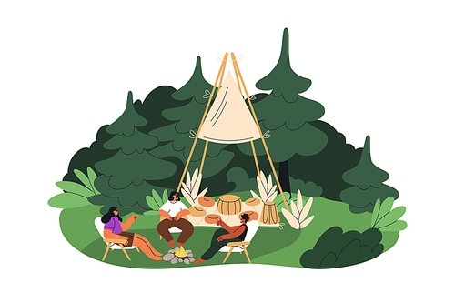 Tipi camping. Friends around fire, relaxing in nature at teepee. People talking at outdoor lounge, campsite. Tourists on summer holiday. Flat graphic vector illustration isolated on white background.