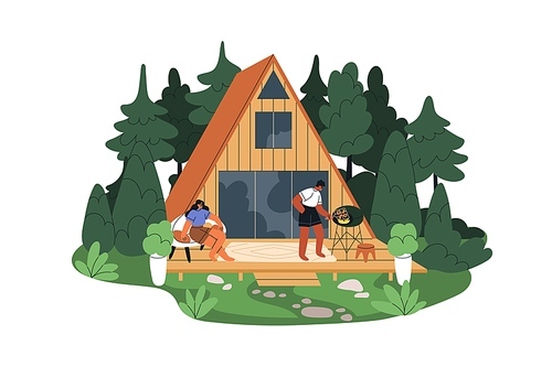 Couple on terrace of summer house in nature. BBQ and relax at modern cozy A-frame wooden home at weekend, vacation, holiday in forest. Flat graphic vector illustration isolated on white background.