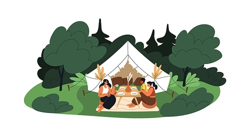 Friends relaxing at summer camping, glamping with tent. Tourists drinking tea at table in nature. Comfortable rest in forest on summer holiday. Flat vector illustration isolated on white background.