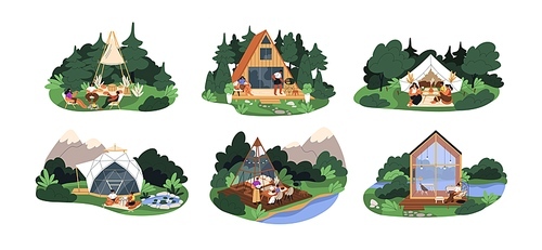 Glamping resorts with bubble, wood and glass houses, comfortable tents in nature. People tourists at premium luxury glamour camping set. Flat graphic vector illustration isolated on white background.