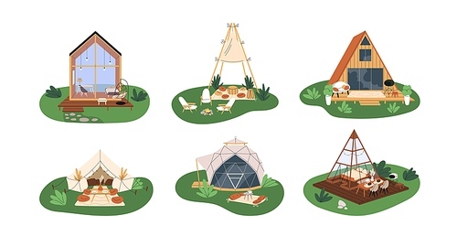 Comfortable houses for glamping, luxury glamorous camping in nature. Premium glam holiday homes, bubble, tipi. Modern stylish campsites. Flat graphic vector illustrations isolated on white background.