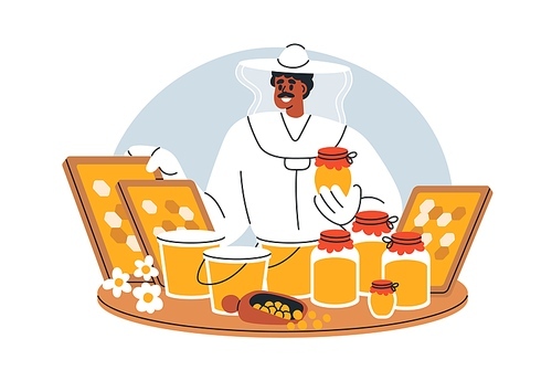 Beekeeper selling honey, organic bee food products at local farm market stall. Merchant with honeycomb, healthy ambrosia behind counter. Flat vector illustration isolated on white background.