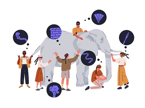 Blind, blindfold people touching elephant parable story. Philosophy concept of different viewpoints, interpretations, opinions, judgments. Flat graphic vector illustration isolated on white background.