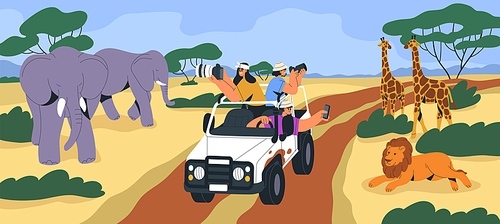 Safari tour in Africa. Tourists in jeep car taking photos of wild animals in savannah. People with cameras riding vehicle, wildlife adventure trip. Journey to African savanna. Flat vector illustration.