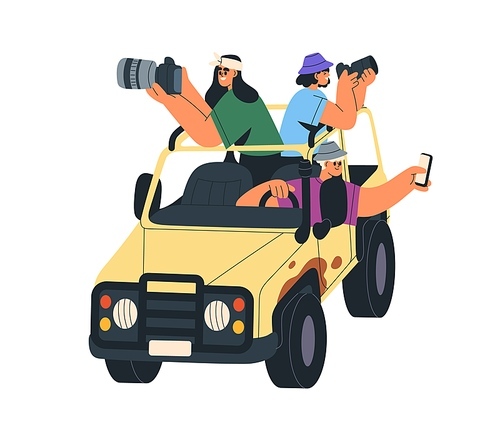 Tourists in car. Happy people taking photos with cameras, phone in road trip, adventure in nature. Friends in expedition, safari tour to Africa. Flat vector illustration isolated on white background.