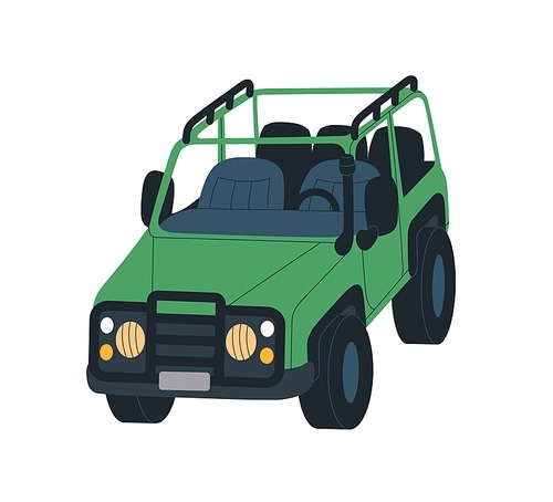 Safari car for travel, adventure. Off-road wheeled vehicle. Open offroad truck, tourists SUV. Touristic auto transport for trip, expedition. Flat vector illustration isolated on white background.