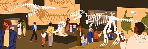 Dinosaur fossils exhibit in paleontology and archeology science museum. Children and parents looking at dino skeletons, prehistoric bones at Jurassic period exhibition. Flat vector illustration.