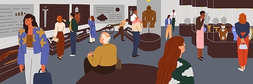 People in ancient and medieval history museum. Visitors tourists at archeology exhibit, historical exhibition with old objects display in archaeological gallery panorama. Flat vector illustration.