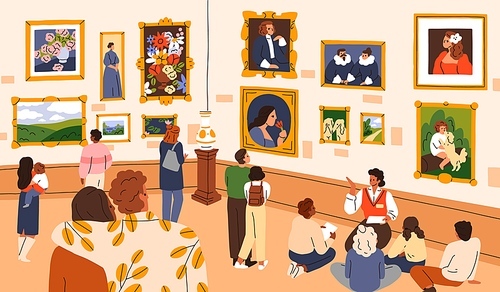 Visitors in fine art museum. People, children at exhibition in picture gallery. Tourists looking at traditional classic framed paintings, displayed exposition on walls. Flat vector illustration.