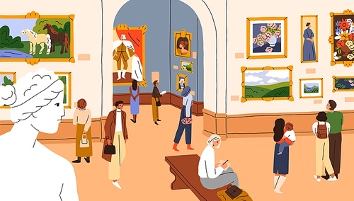 Visitors at Art gallery, famous paintings exhibition. People visiting picture museum, looking at exhibited exposition, displayed framed artworks, historic heritage on walls. Flat vector illustration.