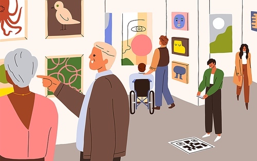 Visitors in modern art gallery. People looking, watching contemporary paintings, pictures on wall in trendy museum hall. Visiting abstract artworks exhibition, exposition. Flat vector illustration.