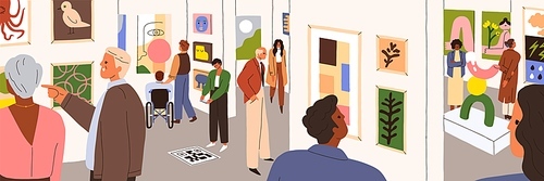 People in modern art gallery. Visitors walking, looking at paintings, watching abstract pictures on walls at contemporary artworks exhibition in public museum, panorama. Flat vector illustration.