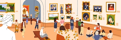 Visitors in traditional art gallery. People walk, look at classic pictures on walls at artworks exhibition in painting museum panorama. Tourists, guide in exposition hall. Flat vector illustration.