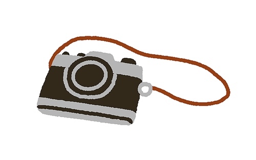 Photo camera on strap. Analog film photocamera, lens photography equipment. Retro photographic cam. Nostalgia object for analogue photograph. Flat vector illustration isolated on white background.