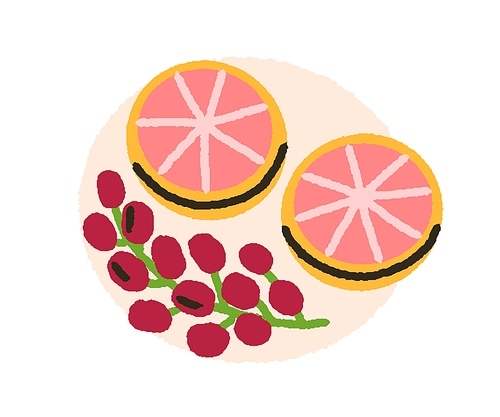 Grapes branch and grapefruit slices, cut pieces. Ripe healthy fruit and berries. Vitamin food, natural organic nutrition. Summer eating. Flat vector illustration isolated on white background.