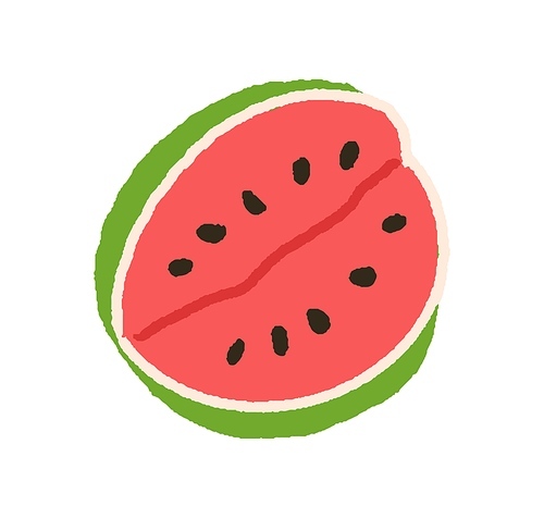 Watermelon, fresh sweet summer fruit. Cut water melon. Ripe refreshing food, tasty vitamin eating with red flesh and black seeds. Flat vector illustration isolated on white background.