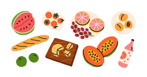Fresh picnic food set. Healthy eating and drink. Fruits, cheese, baguette, beverage. Watermelon, apricots and grapefruit, apple, cherry tomato. Flat vector illustrations isolated on white background.