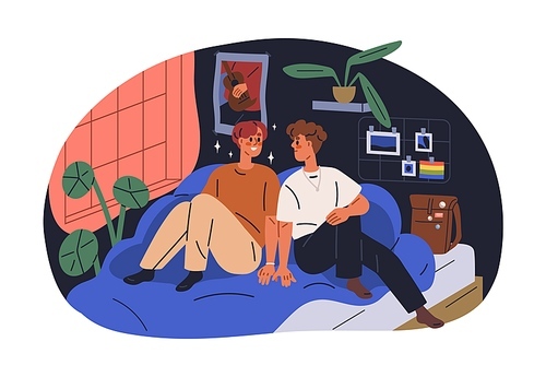 Teenagers couple. Young gay boyfriends on bed. Homosexual LGBT teens dating. First school love concept. Shy romantic adolescent guys. Flat graphic vector illustration isolated on white background.