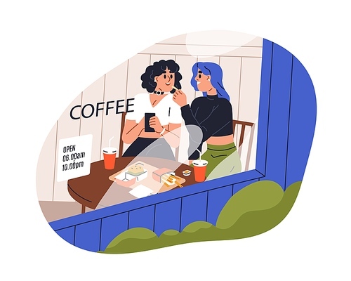 Lesbian girl couple dating in cafe. Romantic teenager girlfriends eating out together. Teen valentines at fast food restaurant. LGBT relationship. Flat vector illustration isolated on white background.