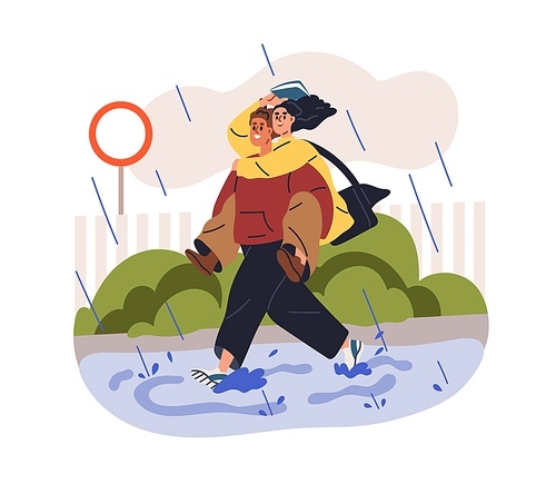 Teenagers, school girl and boy. Teen boyfriend going in puddle, carrying happy girlfriend on back on street in rain, rainy weather. Flat graphic vector illustration isolated on white background.