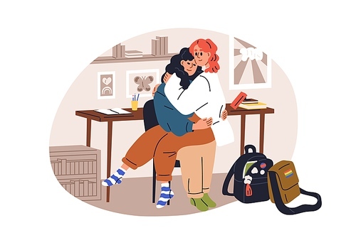 LGBT girls couple. Schoolgirls valentines in romantic relationships. Teenagers girlfriends in love at school classroom. Young teens hugging. Flat vector illustration isolated on white background.