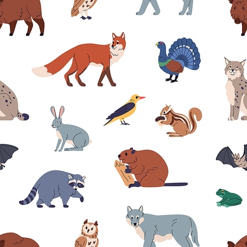 Forest animals, seamless pattern. Woodland mammals, wild beasts, birds, repeating print. Endless background design, wildlife species texture. Flat graphic vector illustration for textile, decoration.