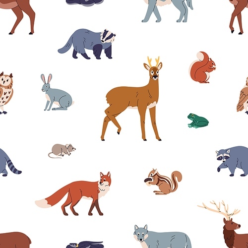 Seamless pattern, forest animals repeating print. Wild beasts, endless background design, wildlife species. European fauna, nature, repeatable wallpaper, textile, fabric. Flat vector illustration.