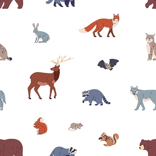 Seamless pattern, wild forest fauna. Woods animals, repeating print, endless zoo background design. Wildlife species, beasts, rodents, wolf, fox, lynx, raccoon. Colored flat vector illustration.