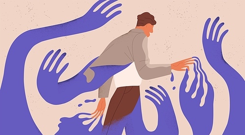 Man struggling with fear, social influence, control and manipulation. Concept of escaping from addiction and dependence. Colored flat textured vector illustration of man attached to creeping hands.